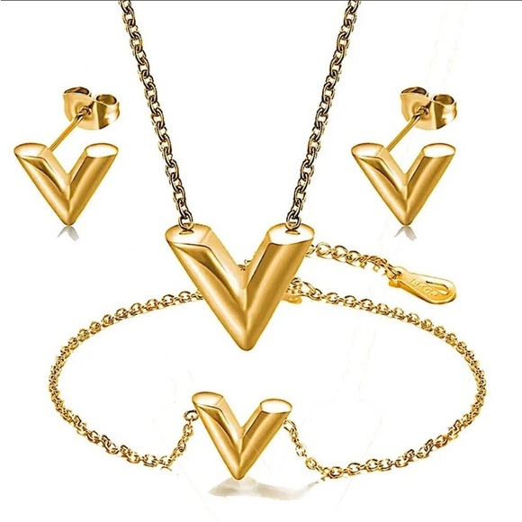 Gold Plated V Design Necklace Bracelet Earrings Set Luxury Stainless Steel - Picture 2 of 10